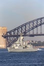 HMAS Perth FFH 157 Anzac-class frigate of the Royal Australian Navy sailing under the iconic Sydney Harbor Bridge