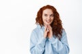 Hmm interesting idea. Smiling cunning redhead girl have plan, steeple fingers and look away thoughtful, scheming, have