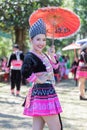 Hmong girl in beautiful dress colorful and fashion mixed between new and old culture ,is handmade for Hmong new year festival