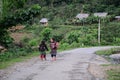 Hmong girls carry grass to home