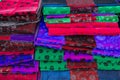 Hmong traditional fabrics on a market stall in Ha Giang Province, Northern Vietnam