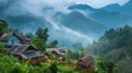 Hmong village nestled amidst lush mountain landscapes with traditional stilt houses and terraced fields