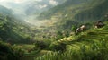 Hmong village nestled amidst lush mountain landscapes with traditional stilt houses and terraced fields