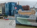 HMS Belfast battleship and skyscrapers, London Royalty Free Stock Photo