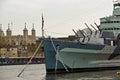 HMS Belfast (C35) a Royal Navy light cruiser on the River Thames Royalty Free Stock Photo