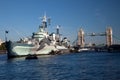 HMS Belfast in front of Tower Bridge Royalty Free Stock Photo
