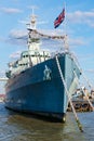 The HMS Belfast warship docked near Tower Bridge on the river Thames Royalty Free Stock Photo