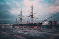 HMS Warrior Birthed in Portsmouth Harbour shot from a low angle