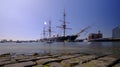 HMS Warrior (1862) - the first British ironclad battleship built for the Royal Navy -  in spring afternoon light with slow shutter Royalty Free Stock Photo