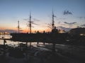 HMS Warrior in Portsmouth Harbour at Sunset