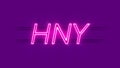 HNY neon sign appear on violet background.