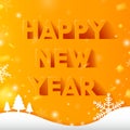 Happy New Year text design in paper style and long shadow on yellow background with sparkles.