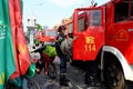 Vietnamese firefighter finish fire fighting training and leave the scene