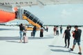 Ho Chi Minh City, Viet Nam - June 1st 2019 : Passengers queue up to take a flight in Vietjet Air plane at Tan Son Nhat