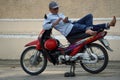 Ho chi minh city vietnam, circa january 2020: no clients for motorbike taxi driver because of corona