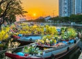 Flower boats full of flowers parked along canal wharf in sunset Royalty Free Stock Photo