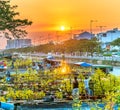 Flower boats full of flowers parked along canal wharf in sunset Royalty Free Stock Photo
