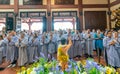 Statue Buddha`s birthday in Temple are ecorated lights, colorful flowers