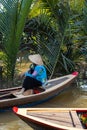 Ho Chi Minh City, Vietnam- November 9, 2022:Woman with conical Vietnamese hat controls a canoe. Tourism rowing boat in the Mekong