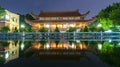 Architecture temple at night when lights flickered as glorified spiritual beauty.