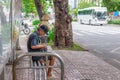Ho Chi Minh City, Vietnam - September 1, 2018: an undefined man is getting everything ready before getting on the bus.
