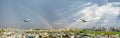 China Airlines Boeing 747 Cargo fly over urban areas with rainbow behind sky prepare landing Tan Son Nhat International Airport