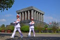 Ho Chi Minh Mausoleum in Hanoi Vietnam with soldiers marching