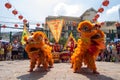 Ho Chi Minh, Vietnam - February 18, 2015 Lion dancing to celebrate Lunar New Year at Thien Hau Pagoda Royalty Free Stock Photo