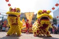 Ho Chi Minh, Vietnam - February 18, 2015 Lion dancing to celebrate Lunar New Year at Thien Hau Pagoda Royalty Free Stock Photo