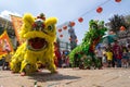 Ho Chi Minh, Vietnam - February 18, 2015 : Lion dancing to celebrate Lunar New Year at Thien Hau Pagoda Royalty Free Stock Photo