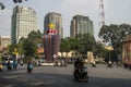 Traffic on square behind Saigon Notre-Dame Cathedral Basilica  in Ho Chi Minh city, Vietnam Royalty Free Stock Photo