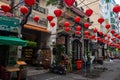 Ho Chi Minh, Vietnam - 30 Jul 2019: chinese temple and red paper lantern decor on street. Traditional religious decor
