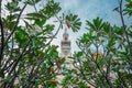 View of the Ho Chi Minh City Hall through the branches of plumeria