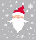 Ho-Ho-Ho Christmas banner. Santa Claus in red hat on snowflake background.Cartoon christmas characters winter holiday