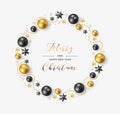 072_Christmas wreath on a white background from gold and black balls Royalty Free Stock Photo