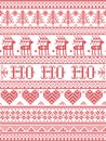 Ho Ho Ho Christmas vector pattern with Scandinavian Nordic festive winter pattern, cross stitch with heart, snowflake,, xmas tree