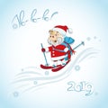 Ho-Ho-Ho! Funny Santa on skis and with a bag of gifts. Piglet dressed as Santa Claus.