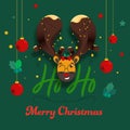 Ho Ho Merry Christmas Text with Cartoon Reindeer Face Wear Lighting or Golden Bell Garland, Stars, Holly Berries