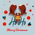 Ho Ho Merry Christmas Text with Cartoon Reindeer Face Wear Lighting Garland, Stars, Holly Berries and Hanging Bauble