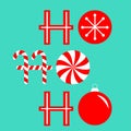 Ho ho ho text lettering banner. Candy Cane Merry Christmas ball bauble xmas decoration. Snow flake. Red white peppermint stick and