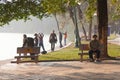 Hoan Kiem Lake Hanoi Vietnam 20/12/2013 people relaxing and exercising at dawn