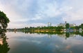 Hoan Kiem lake panorama view at sunset period with ancient Turtle Tower and Hanoi post office. Hoan Kiem lake or Sword lake or Ho