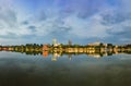 Hoan Kiem lake panorama view at sunset period with ancient Turtle Tower and Hanoi post office. Hoan Kiem lake or Sword lake or Ho