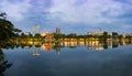 Hoan Kiem lake panorama view at sunset period with ancient Turtle Tower and Hanoi post office. Hoan Kiem lake or Sword lake or Ho