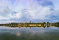 Hoan Kiem lake panorama view at sunset period with ancient Turtle Tower and Hanoi post office. Hoan Kiem lake or Sword lake or Ho