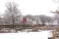 Hoarfrost with old red barn in the background Royalty Free Stock Photo