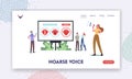 Hoarse Voice Landing Page Template. Tiny Doctor and Patient at Huge Infographics with Normal and Diseased Vocal Cords