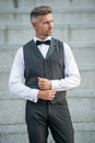 hoary man in bowtie. grizzled man in formalwear. tux man bridegroom Royalty Free Stock Photo