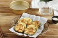 Hobak Jeon or Pan Fried Zucchini served with Makgeolli Royalty Free Stock Photo