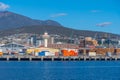 HOBART, AUSTRALIA, FEBRUARY 22, 2020: Mount Wellington above industrial port of Hobart in Australia